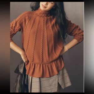 Anthropology Mock-Neck Sheer Mixed Meddia. Cable Knit Sweater with Ruffle Hem